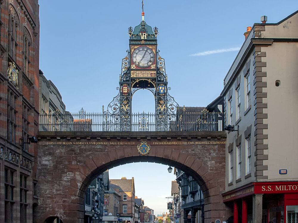 The Eastgate and Eastgate Clock in the centre of Chester, Cheshire, UK